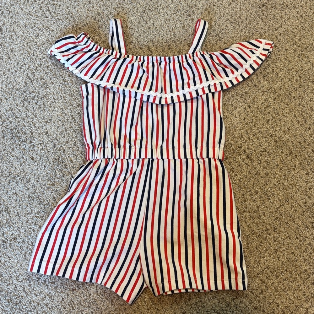 Janie & Jack Striped Off the Shoulder Romper Size 6 | Ruffle | Stripes | Pockets - Picture 5 of 5